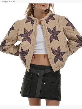 Lightweight Floral Embroidered Cropped Quilted Jacket Winter Warm Button Down
